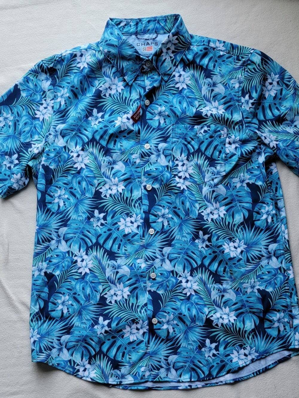 Chaps Blue Tropical Leaf Print Short-Sleeve Button-Down Shirt